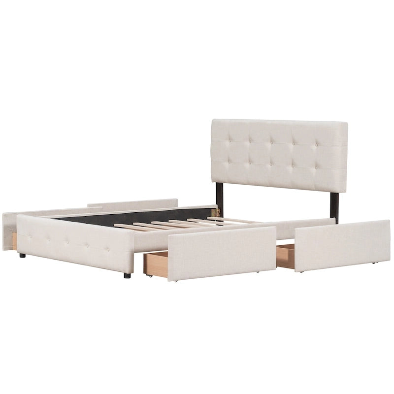 Lit plateforme capitonné avec 4 tiroirs de rangement, beige / gris / blanc, lin, queen, 2 personnes