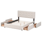 Lit plateforme capitonné avec 4 tiroirs de rangement, beige / gris / blanc, lin, queen, 2 personnes