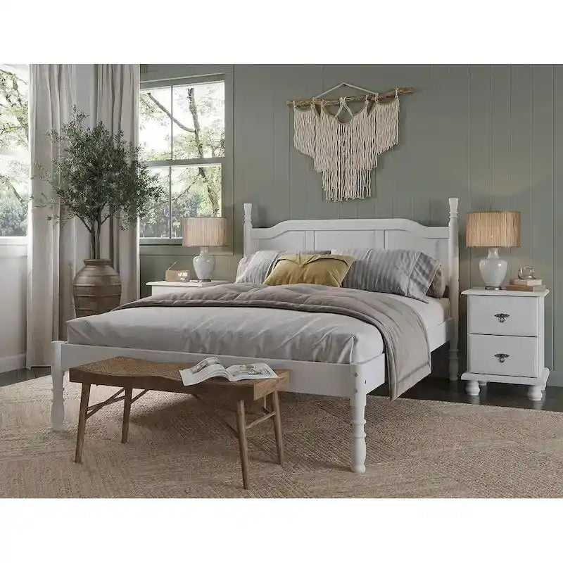 Lit plateforme en bois de pin massif avec poteaux tournés, Blanc / Moka / Java, Jumeau / Complet / Grand lit