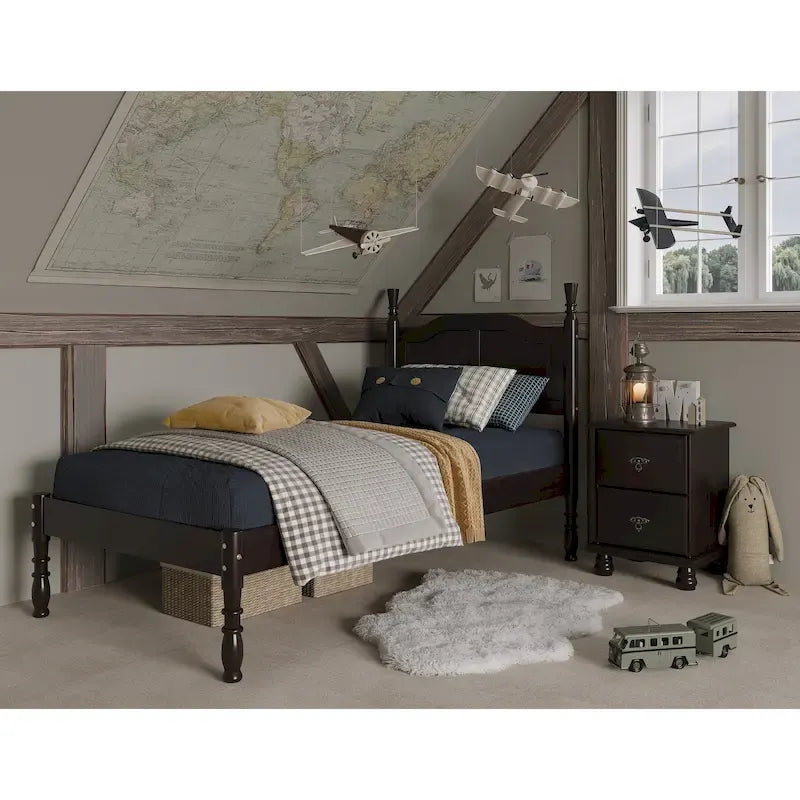 Lit plateforme en bois de pin massif avec poteaux tournés, Blanc / Moka / Java, Jumeau / Complet / Grand lit