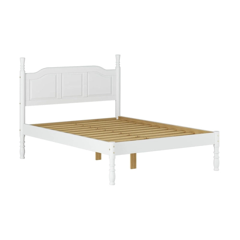 Lit plateforme en bois de pin massif avec poteaux tournés, Blanc / Moka / Java, Jumeau / Complet / Grand lit