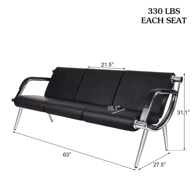 Banc de réception 3 places en similicuir avec cadre chromé et accoudoirs, noir, style moderne, 3 personnes