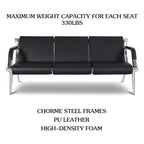 Banc de réception 3 places en similicuir avec cadre chromé et accoudoirs, noir, style moderne, 3 personnes