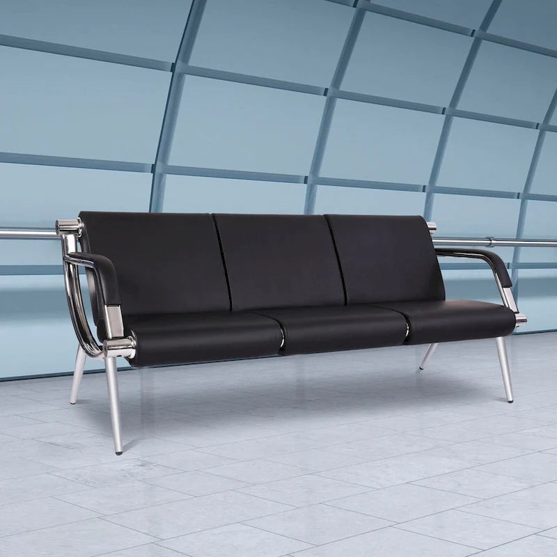 Banc de réception 3 places en similicuir avec cadre chromé et accoudoirs, noir, style moderne, 3 personnes
