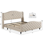 Lit plateforme à oreilles capitonné en velours et diamants avec pied de lit, gris/beige, queen/king, 2 personnes