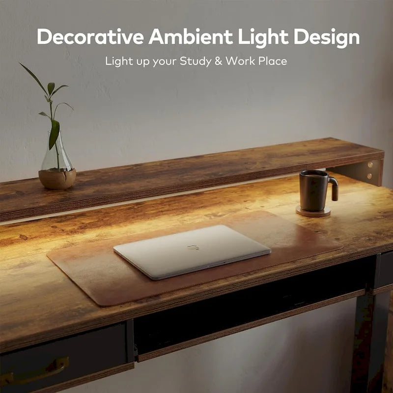 Bureau debout réglable en hauteur électrique avec deux tiroirs, tablette de clavier et bandes LED, gris rustique / marron rustique, style moderne, 1 personne