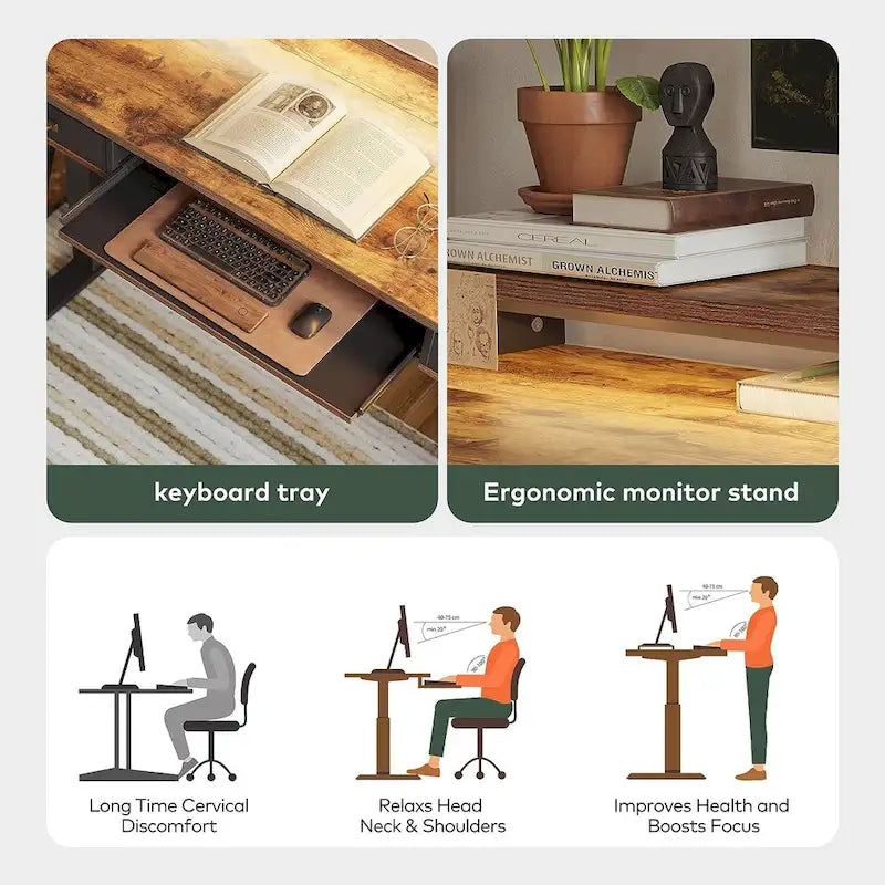 Bureau debout réglable en hauteur électrique avec deux tiroirs, tablette de clavier et bandes LED, gris rustique / marron rustique, style moderne, 1 personne