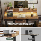 Bureau debout réglable en hauteur électrique avec deux tiroirs, tablette de clavier et bandes LED, gris rustique / marron rustique, style moderne, 1 personne