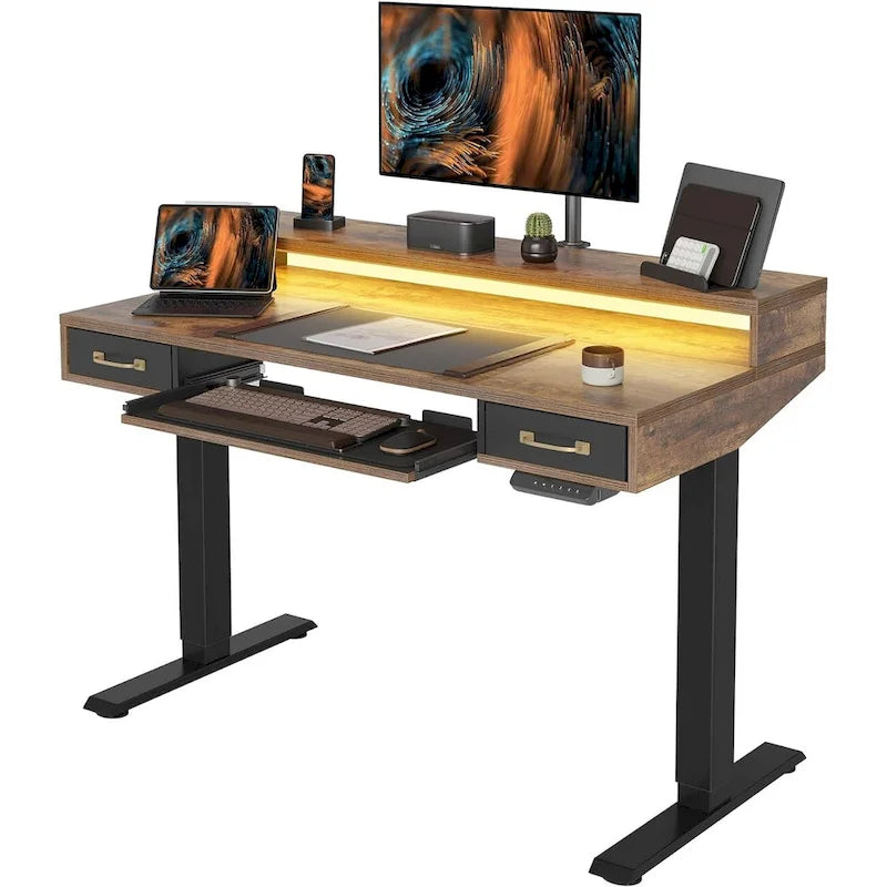 Bureau debout réglable en hauteur électrique avec deux tiroirs, tablette de clavier et bandes LED, gris rustique / marron rustique, style moderne, 1 personne