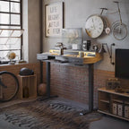 Bureau debout réglable en hauteur électrique avec deux tiroirs, tablette de clavier et bandes LED, gris rustique / marron rustique, style moderne, 1 personne