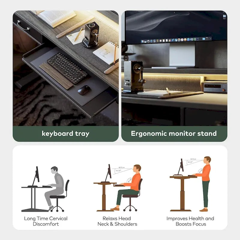 Bureau debout réglable en hauteur électrique avec deux tiroirs, tablette de clavier et bandes LED, gris rustique / marron rustique, style moderne, 1 personne
