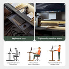 Bureau debout réglable en hauteur électrique avec deux tiroirs, tablette de clavier et bandes LED, gris rustique / marron rustique, style moderne, 1 personne