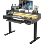 Bureau debout réglable en hauteur électrique avec deux tiroirs, tablette de clavier et bandes LED, gris rustique / marron rustique, style moderne, 1 personne