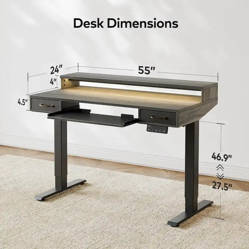 Bureau debout réglable en hauteur électrique avec deux tiroirs, tablette de clavier et bandes LED, gris rustique / marron rustique, style moderne, 1 personne