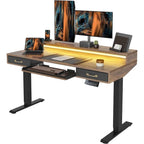 Bureau debout réglable en hauteur électrique avec deux tiroirs, tablette de clavier et bandes LED, gris rustique / marron rustique, style moderne, 1 personne