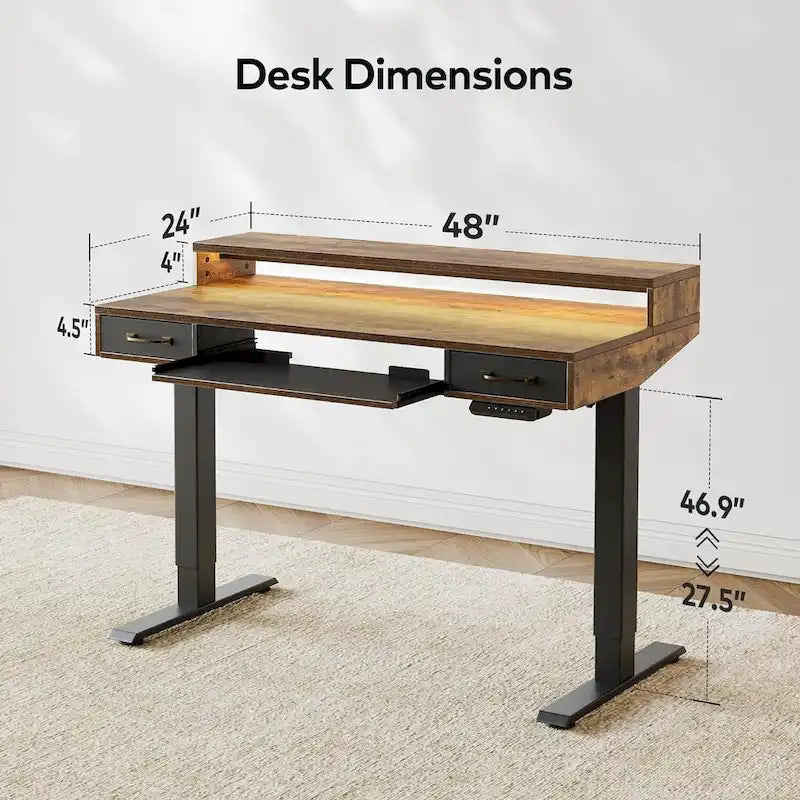 Bureau debout réglable en hauteur électrique avec deux tiroirs, tablette de clavier et bandes LED, gris rustique / marron rustique, style moderne, 1 personne
