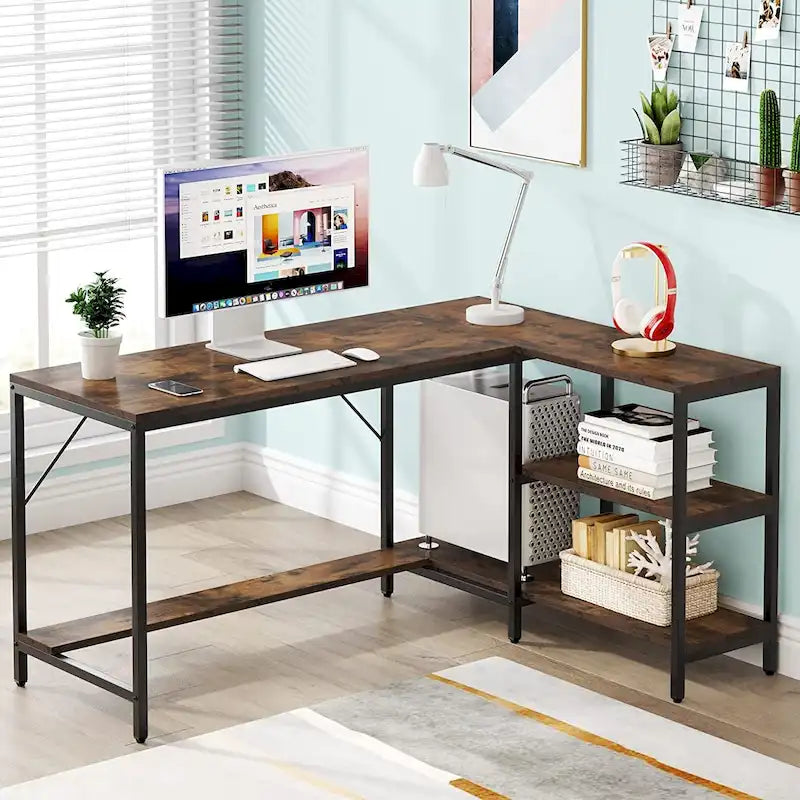 Bureau d'angle en L avec étagères de rangement, marron, réversible, pour bureau à domicile 1 personne