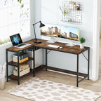 Bureau d'angle en L avec étagères de rangement, marron, réversible, pour bureau à domicile 1 personne