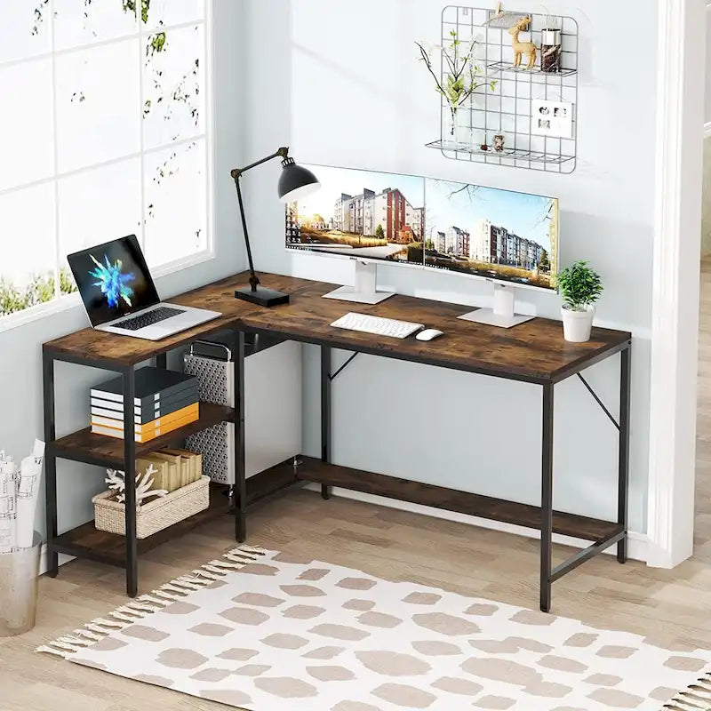 Bureau d'angle en L avec étagères de rangement, marron, réversible, pour bureau à domicile 1 personne