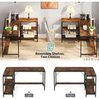 Bureau d'angle en L avec étagères de rangement, marron, réversible, pour bureau à domicile 1 personne