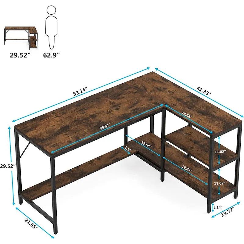 Bureau d'angle en L avec étagères de rangement, marron, réversible, pour bureau à domicile 1 personne