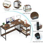 Bureau d'angle en L avec étagères de rangement, marron, réversible, pour bureau à domicile 1 personne