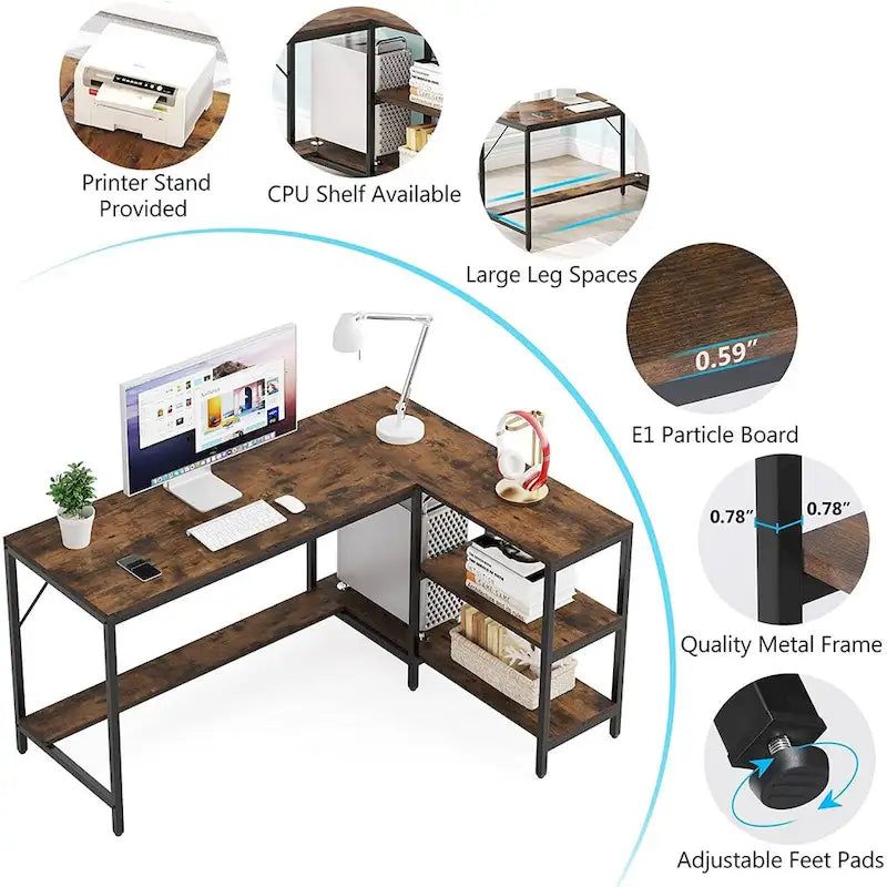 Bureau d'angle en L avec étagères de rangement, marron, réversible, pour bureau à domicile 1 personne