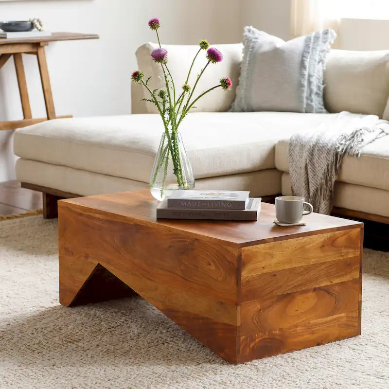 Table basse angulaire en bois massif, bois naturel/noir, silhouette bloc, style moderne