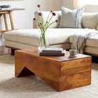Table basse angulaire en bois massif, bois naturel/noir, silhouette bloc, style moderne