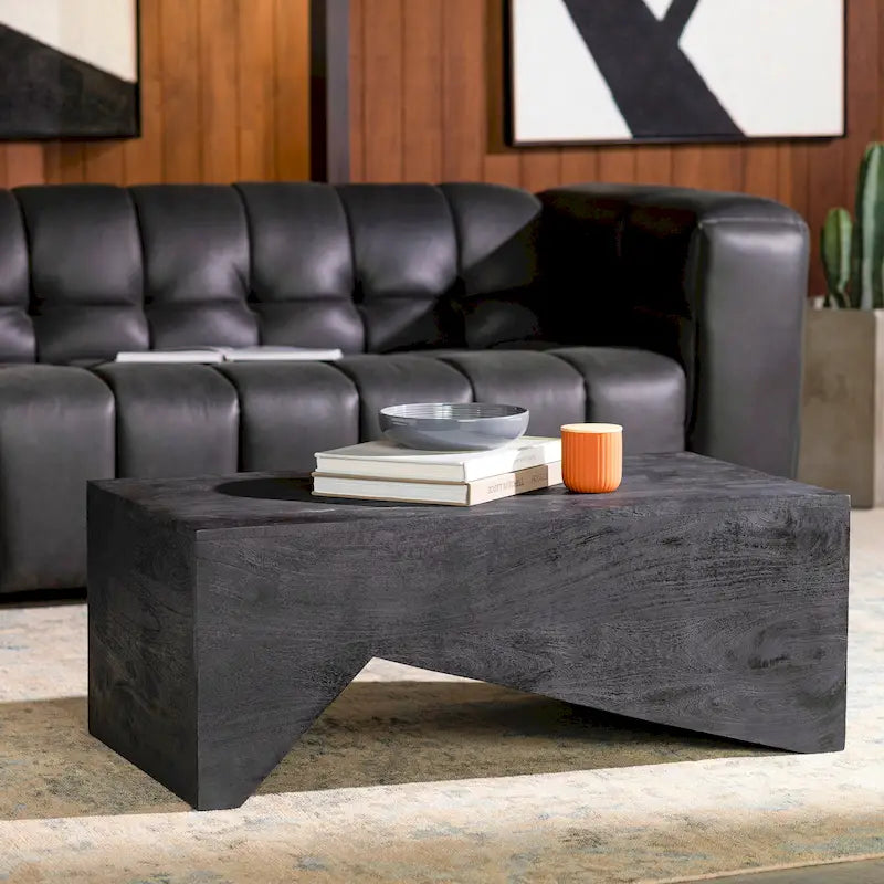 Table basse angulaire en bois massif, bois naturel/noir, silhouette bloc, style moderne