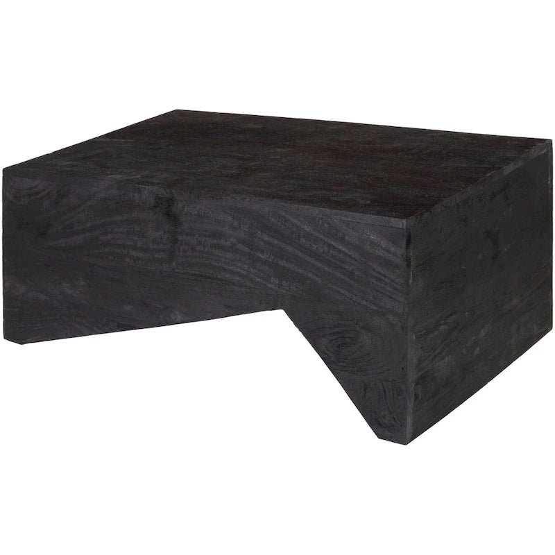 Table basse angulaire en bois massif, bois naturel/noir, silhouette bloc, style moderne
