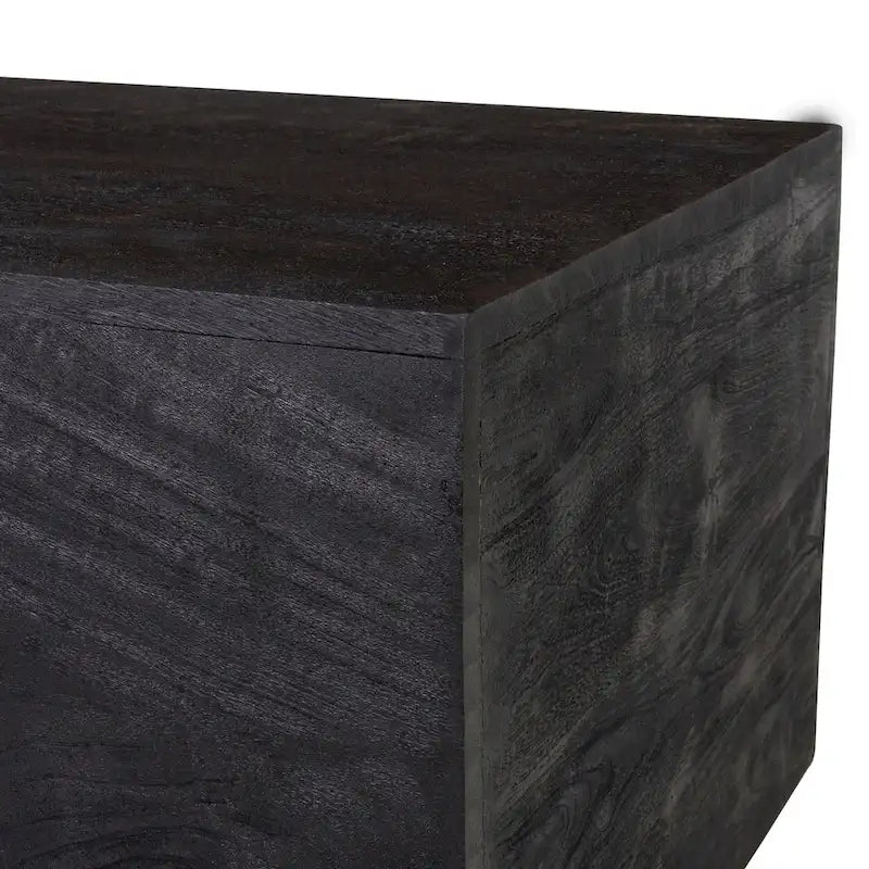 Table basse angulaire en bois massif, bois naturel/noir, silhouette bloc, style moderne