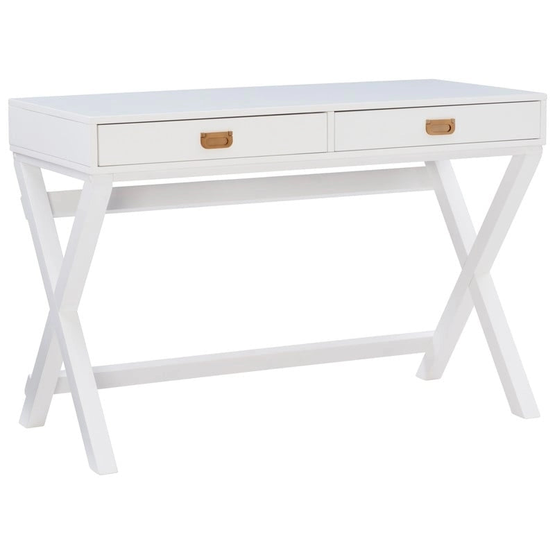 Bureau 1 place de style campagne avec piétement en X, 2 tiroirs et quincaillerie rose doré, blanc