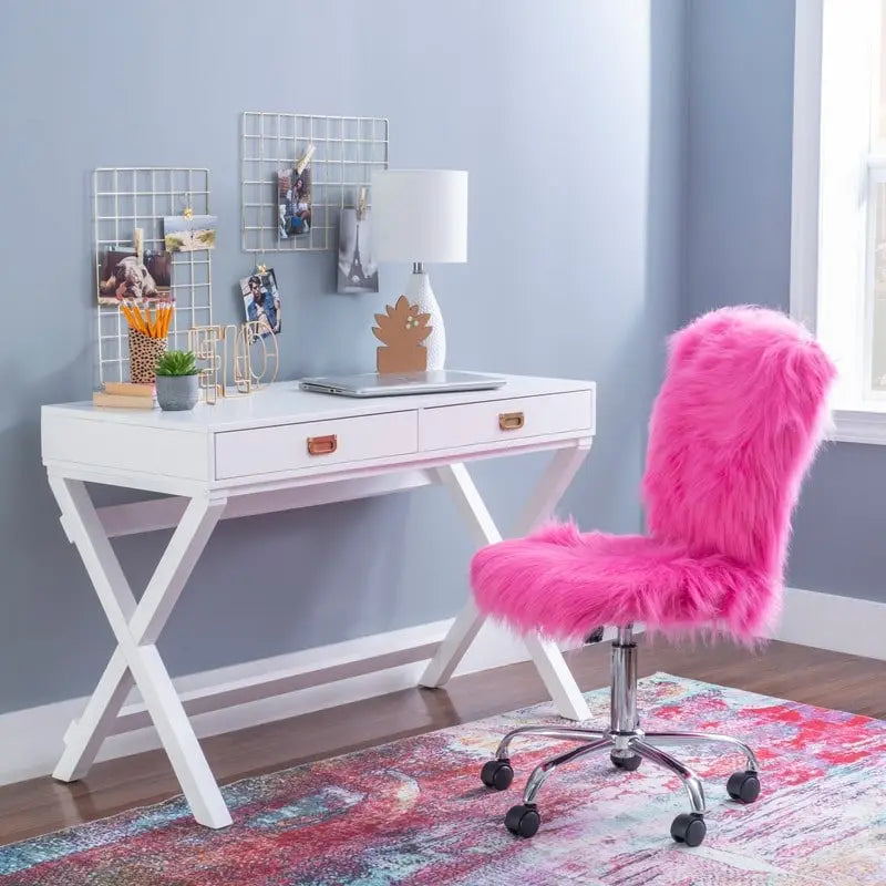 Bureau 1 place de style campagne avec piétement en X, 2 tiroirs et quincaillerie rose doré, blanc