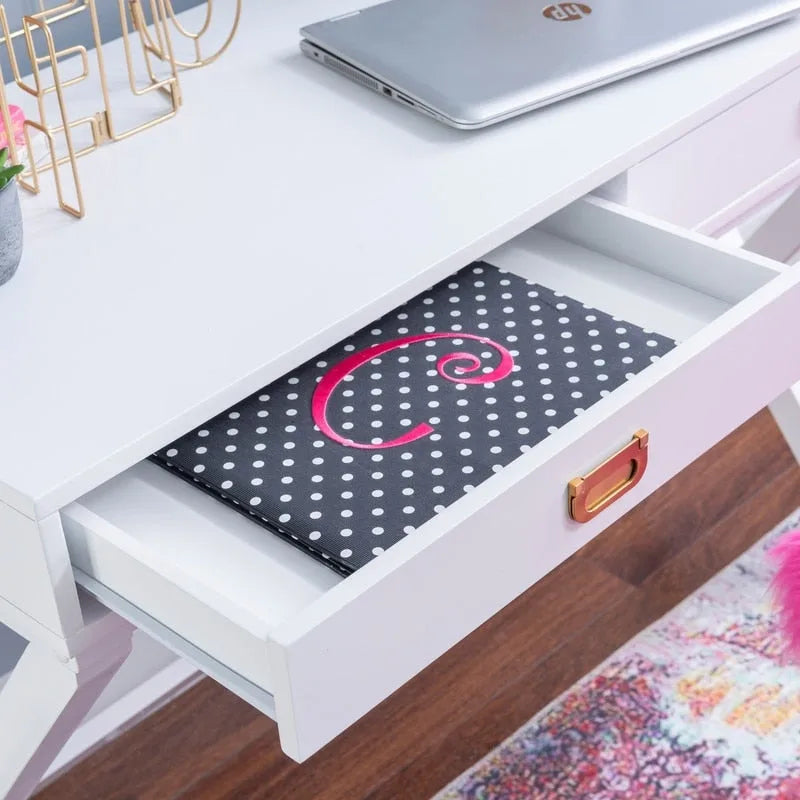 Bureau 1 place de style campagne avec piétement en X, 2 tiroirs et quincaillerie rose doré, blanc