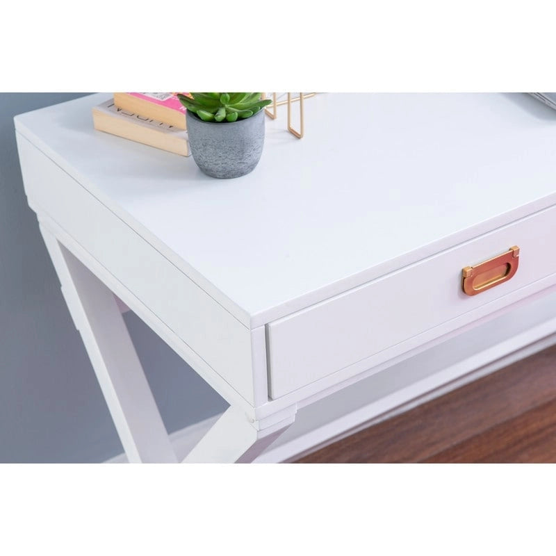 Bureau 1 place de style campagne avec piétement en X, 2 tiroirs et quincaillerie rose doré, blanc