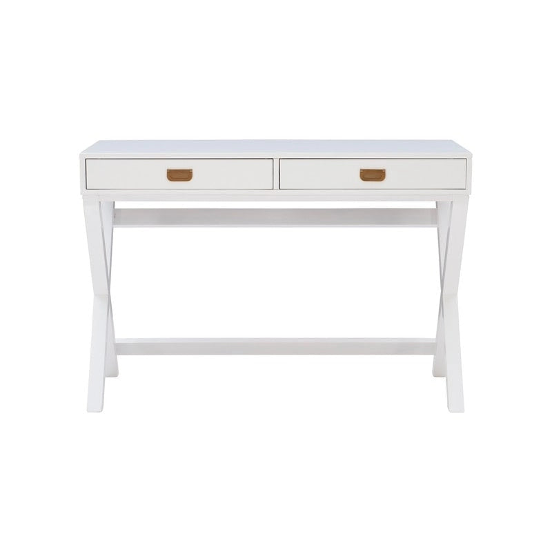 Bureau 1 place de style campagne avec piétement en X, 2 tiroirs et quincaillerie rose doré, blanc