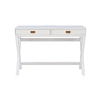 Bureau 1 place de style campagne avec piétement en X, 2 tiroirs et quincaillerie rose doré, blanc