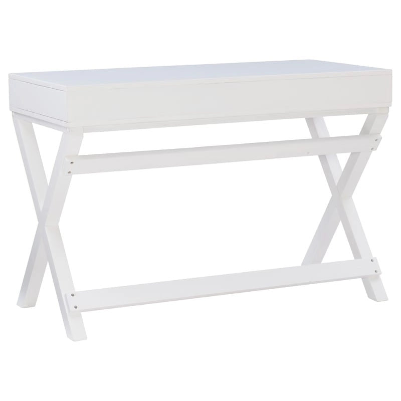 Bureau 1 place de style campagne avec piétement en X, 2 tiroirs et quincaillerie rose doré, blanc