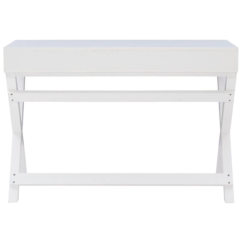 Bureau 1 place de style campagne avec piétement en X, 2 tiroirs et quincaillerie rose doré, blanc