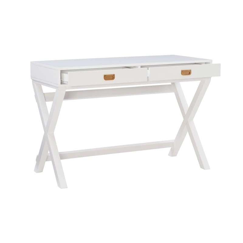 Bureau 1 place de style campagne avec piétement en X, 2 tiroirs et quincaillerie rose doré, blanc