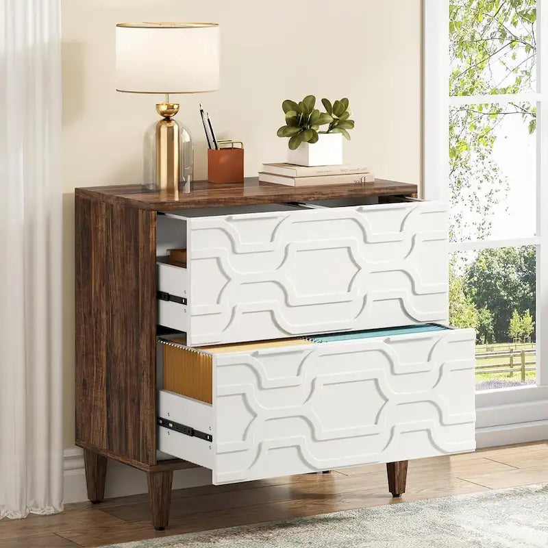 Meuble de rangement latéral à 2 tiroirs, blanc/marron, rangement pour bureau à domicile