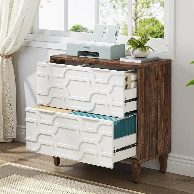 Meuble de rangement latéral à 2 tiroirs, blanc/marron, rangement pour bureau à domicile