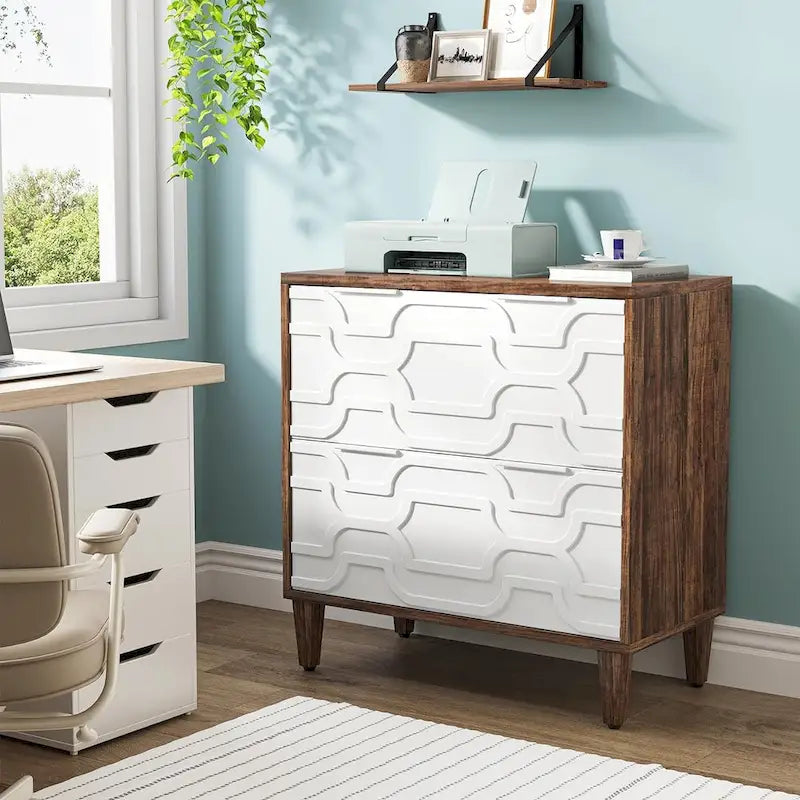 Meuble de rangement latéral à 2 tiroirs, blanc/marron, rangement pour bureau à domicile