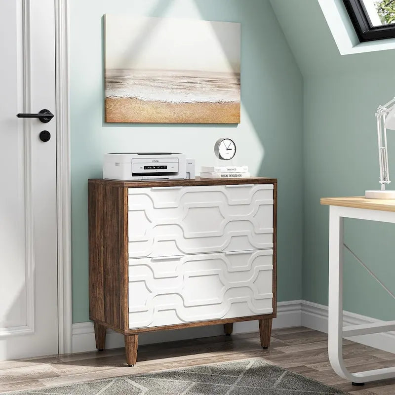 Meuble de rangement latéral à 2 tiroirs, blanc/marron, rangement pour bureau à domicile
