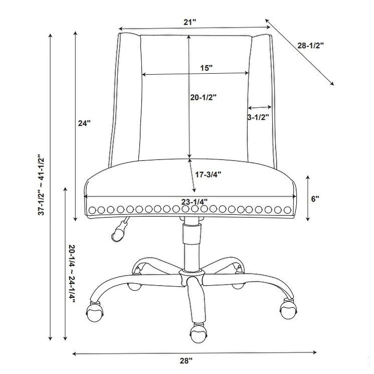 Chaise de bureau pivotante rembourrée avec garniture cloutée et roulettes, plusieurs couleurs, style traditionnel, 1 personne