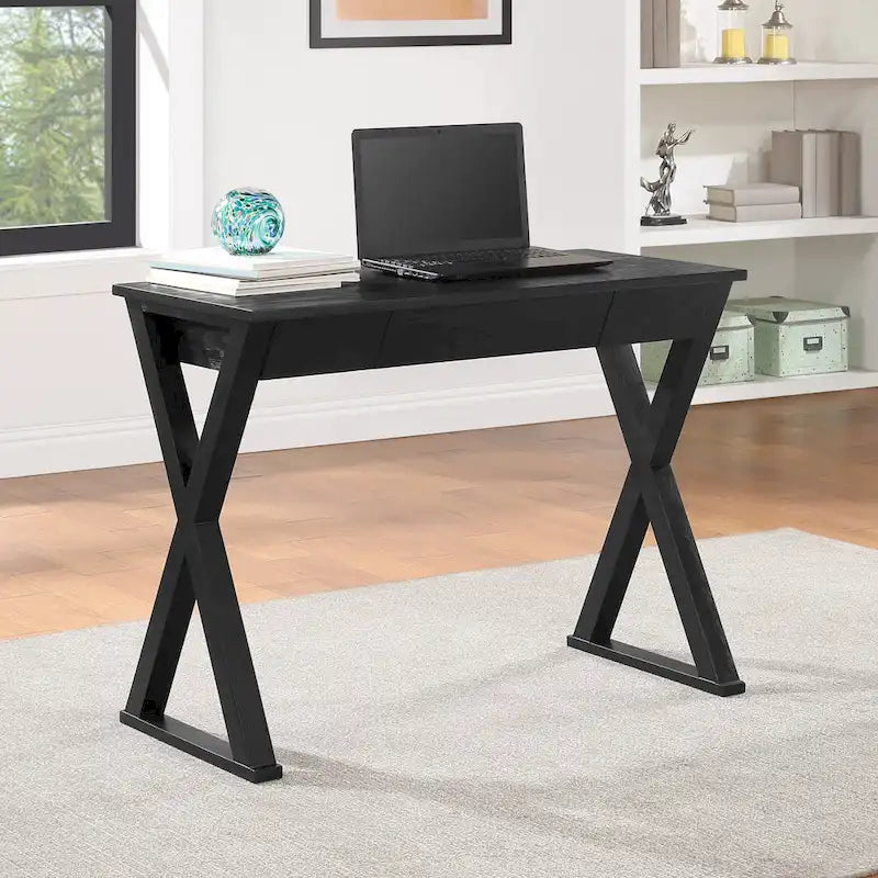 Bureau d'écriture en X avec tiroir accessoire, noir/blanc, style moderne, 1 personne