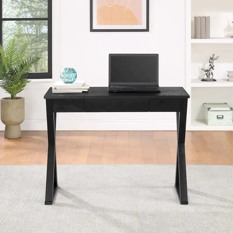 Bureau d'écriture en X avec tiroir accessoire, noir/blanc, style moderne, 1 personne