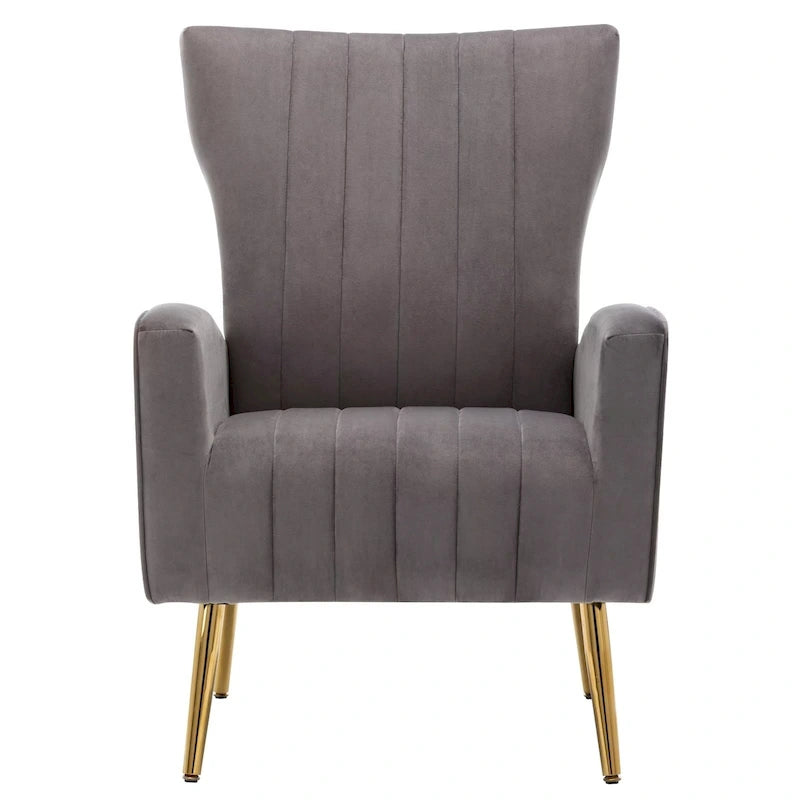 Fauteuil d'appoint dossier haut en velours avec pieds en métal doré, gris / rose / bleu, 1 personne