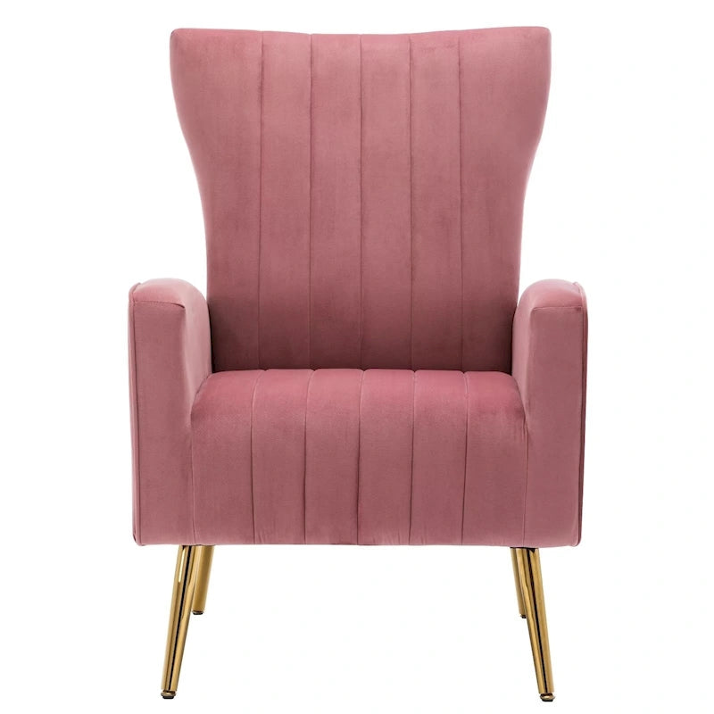 Fauteuil d'appoint dossier haut en velours avec pieds en métal doré, gris / rose / bleu, 1 personne